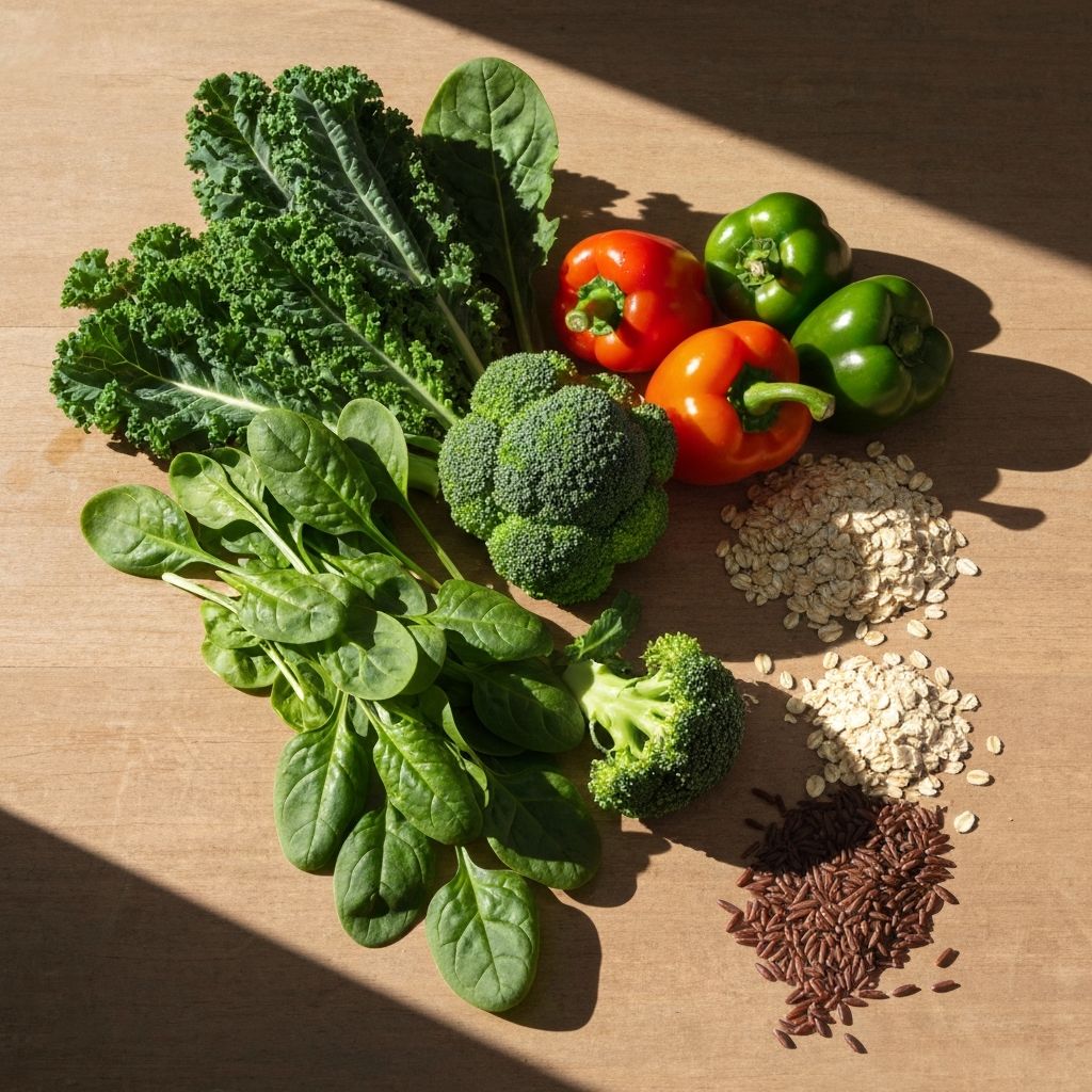 Fresh leafy greens and vegetables on wooden surface