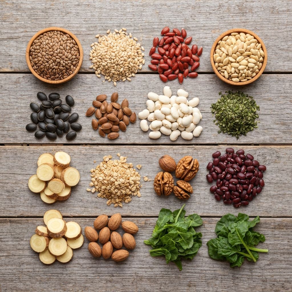 Macro shot of nutrient-dense foods including seeds, roots, and greens